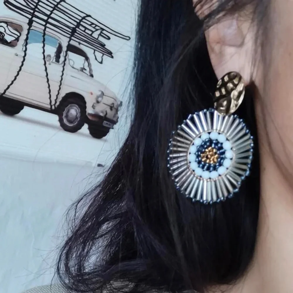 2/$30🌵 Gray Gold White Beaded Circle Bohemian Boho Statement NEW Dangle Gift